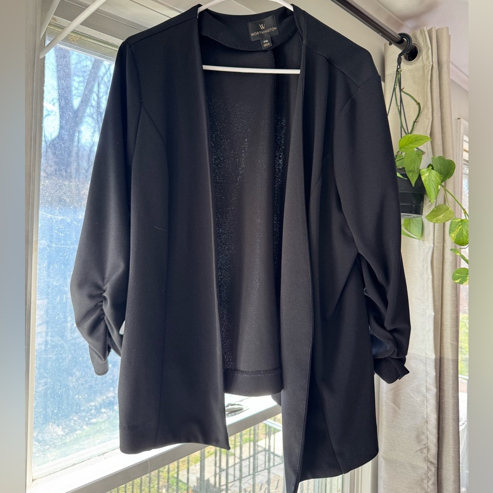 Worthington Black Open-Front Blazer with Ruched Sleeves